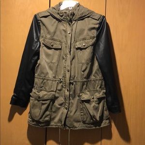 Utility jacket with faux leather sleeves
